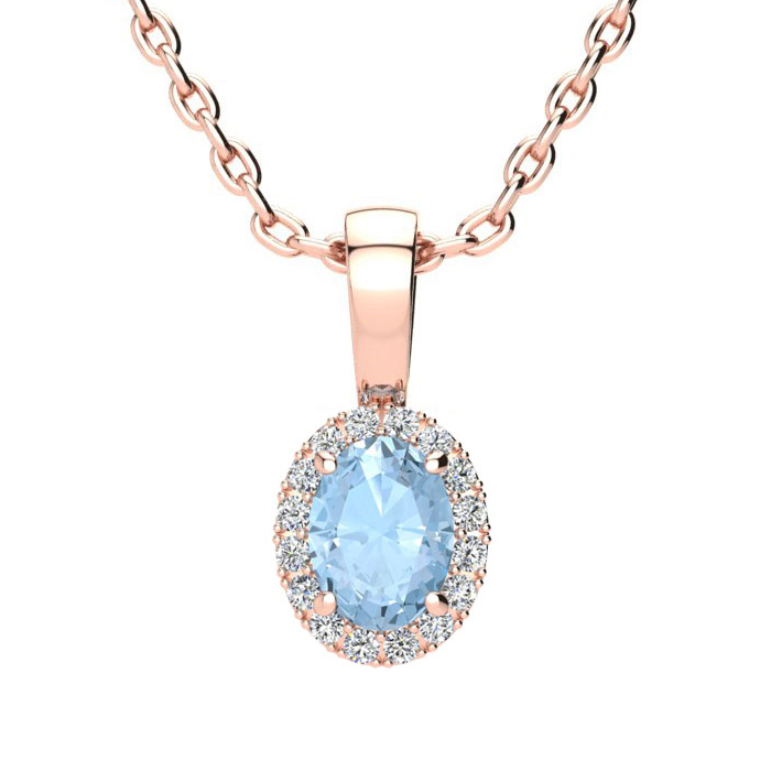 1/2 Carat Oval Shape Aquamarine & Halo Diamond Necklace in 14K Rose Gold w/ 18 Inch Chain,  by SuperJeweler