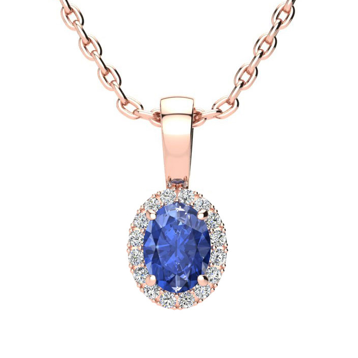 0.62 Carat Oval Shape Tanzanite & Halo Diamond Necklace in 14K Rose Gold w/ 18 Inch Chain,  by SuperJeweler