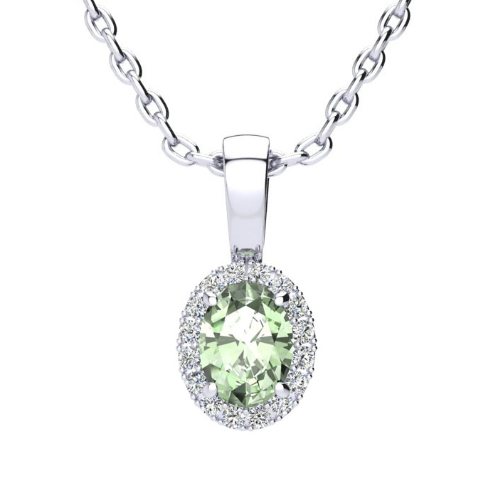 1/2 Carat Oval Shape Green Amethyst & Halo Diamond Necklace in 14K White Gold w/ 18 Inch Chain,  by SuperJeweler