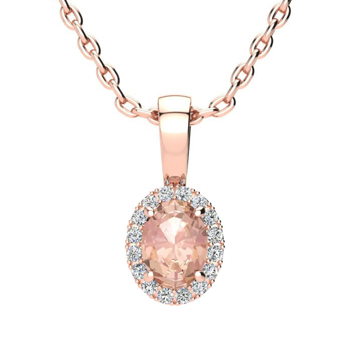 1/2 Carat Oval Shape Morganite & Halo Diamond Necklace in 14K Rose Gold w/ 18 Inch Chain,  by SuperJeweler