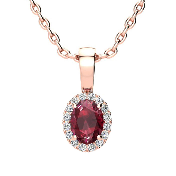 0.62 Carat Oval Shape Ruby & Halo Diamond Necklace in 14K Rose Gold w/ 18 Inch Chain,  by SuperJeweler