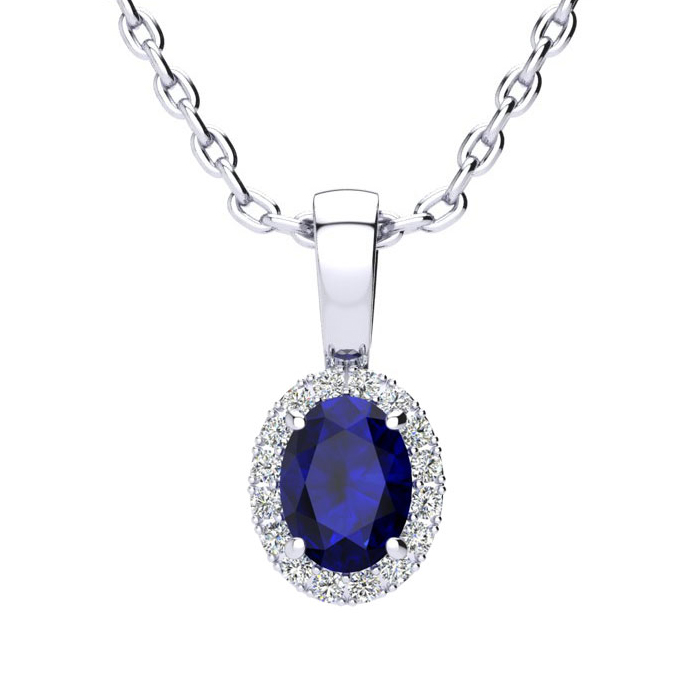 0.67 Carat Oval Shape Sapphire & Halo Diamond Necklace in 14K White Gold w/ 18 Inch Chain,  by SuperJeweler