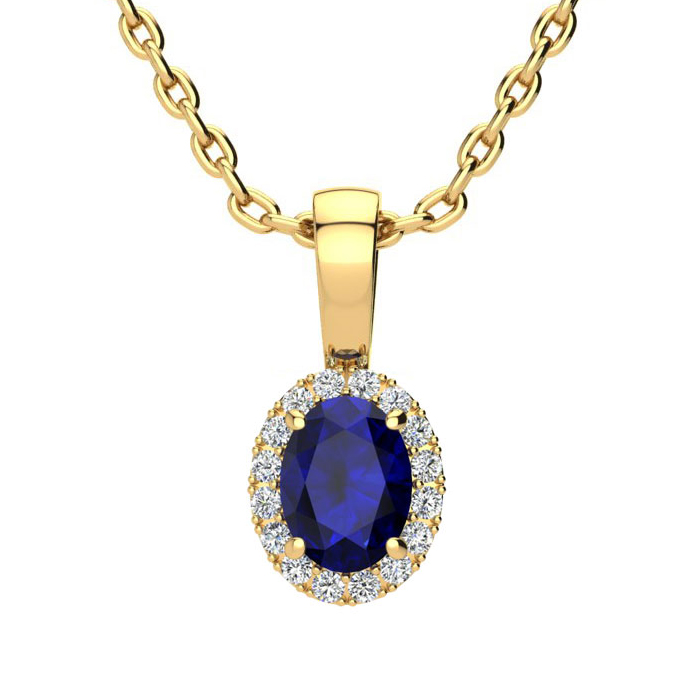 0.67 Carat Oval Shape Sapphire & Halo Diamond Necklace in 14K Yellow Gold w/ 18 Inch Chain,  by SuperJeweler