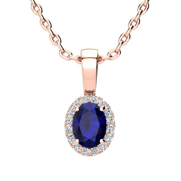 0.67 Carat Oval Shape Sapphire & Halo Diamond Necklace in 14K Rose Gold w/ 18 Inch Chain,  by SuperJeweler