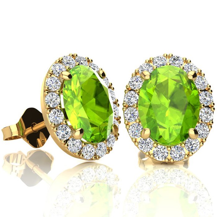 3 Carat Oval Shape Peridot & Halo Diamond Stud Earrings In 14K Yellow Gold, I/J By SuperJeweler