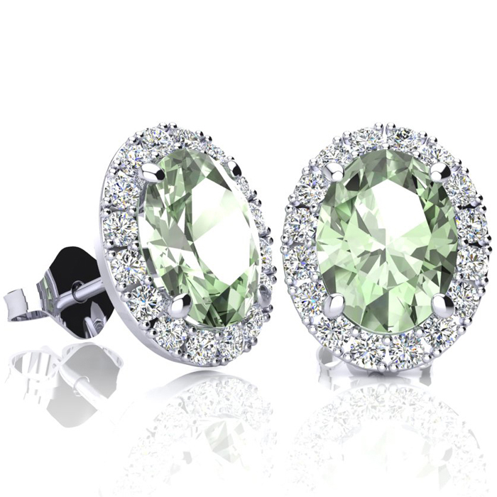 2.40 Carat Oval Shape Green Amethyst & Halo Diamond Stud Earrings in 14K White Gold,  by SuperJeweler