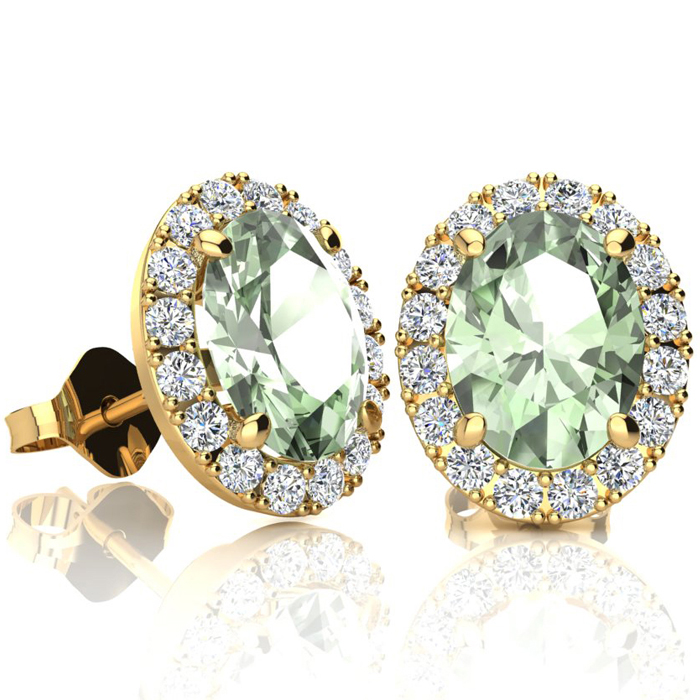 2.40 Carat Oval Shape Green Amethyst & Halo Diamond Stud Earrings in 14K Yellow Gold,  by SuperJeweler