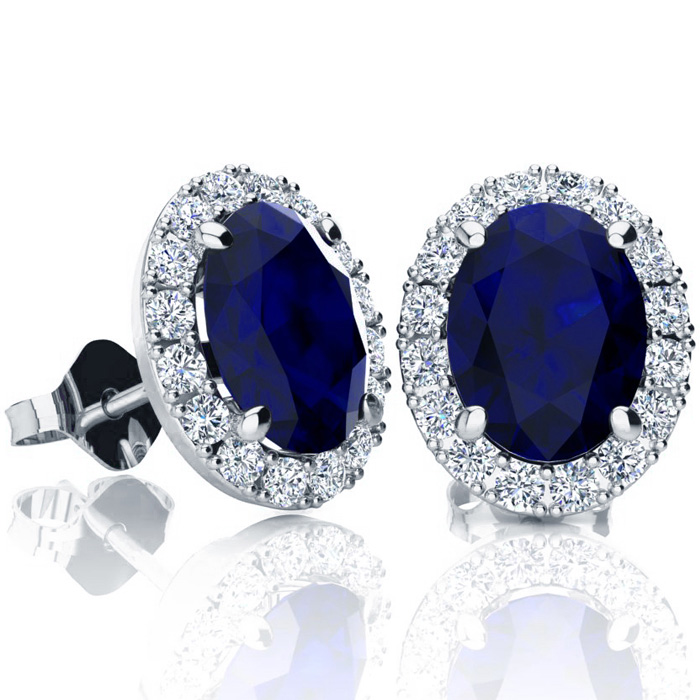 3 1/2 Carat Oval Shape Sapphire & Halo Diamond Stud Earrings in 14K White Gold,  by SuperJeweler