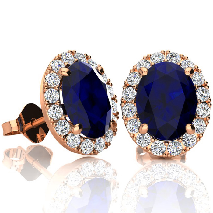 3 1/2 Carat Oval Shape Sapphire & Halo Diamond Stud Earrings in 14K Rose Gold,  by SuperJeweler