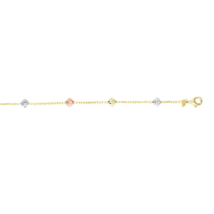 14K Yellow, White, & Rose Gold (1.60 g) 7.5 Inch Diamond Shaped Beads & Cable Chain Bracelet by SuperJeweler