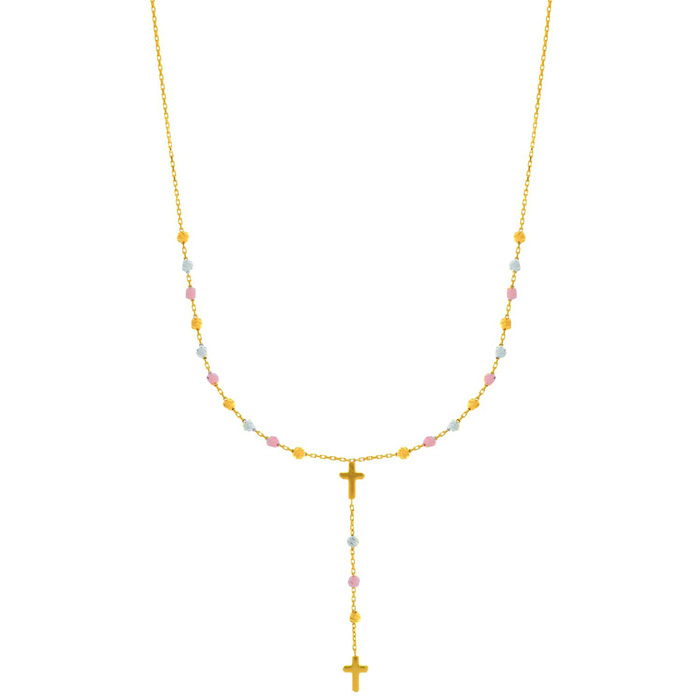 14K Yellow, White & Rose Gold (2.70 g) 17 inch Beaded Lariat Rosary & Cross Necklace by SuperJeweler