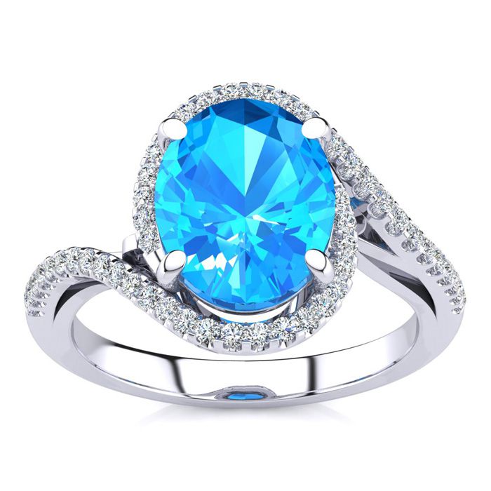3 1/2 Carat Oval Shape Blue Topaz & Halo Diamond Ring in 14K White Gold (4.7 g),  by SuperJeweler