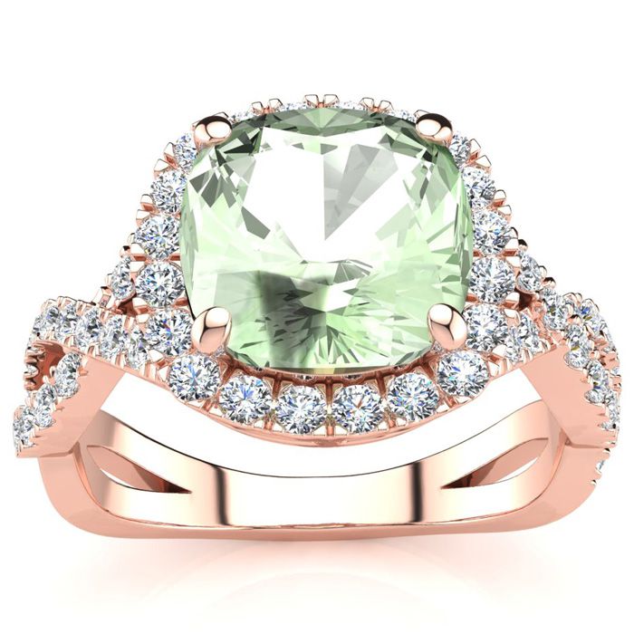 2.5 Carat Cushion Cut Green Amethyst & Halo Diamond Ring w/ Fancy Band in 14K Rose Gold (4 g),  by SuperJeweler