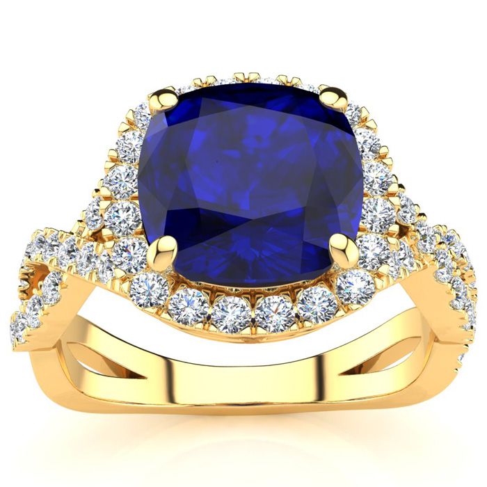 3 1/2 Carat Cushion Cut Sapphire & Halo Diamond Ring w/ Fancy Band in 14K Yellow Gold (4 g),  by SuperJeweler