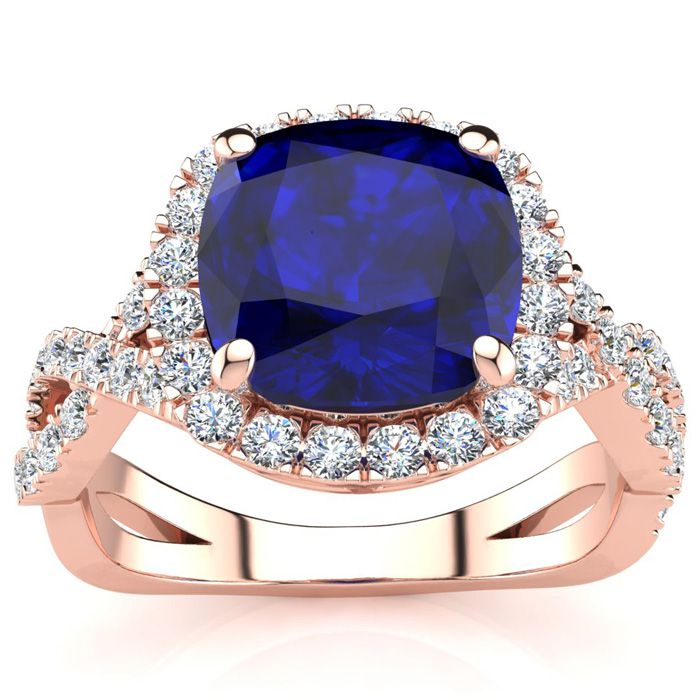 3 1/2 Carat Cushion Cut Sapphire & Halo Diamond Ring w/ Fancy Band in 14K Rose Gold (4 g),  by SuperJeweler