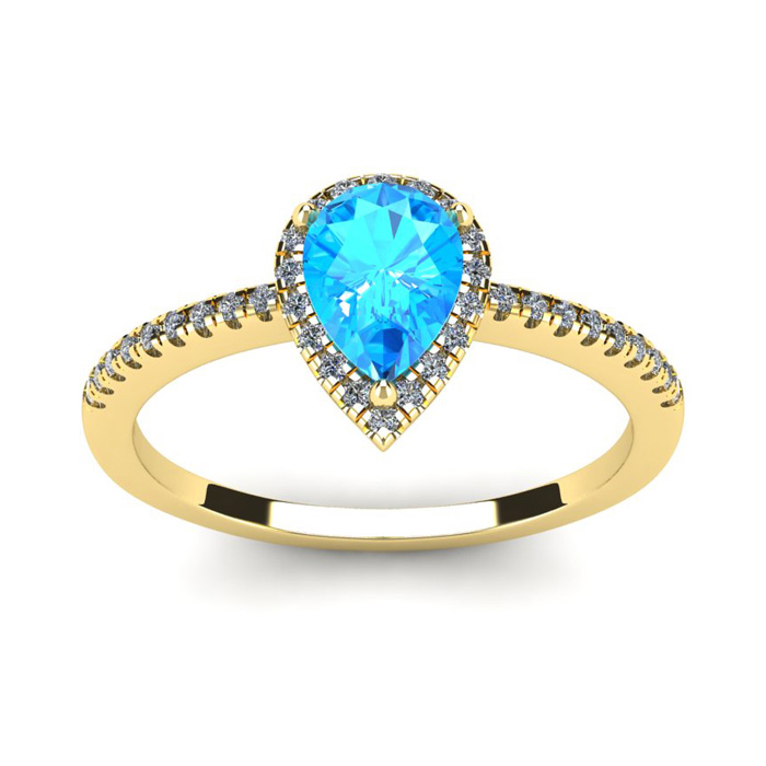 1 Carat Pear Shape Blue Topaz & Halo Diamond Ring in 14K Yellow Gold (2.6 g),  by SuperJeweler