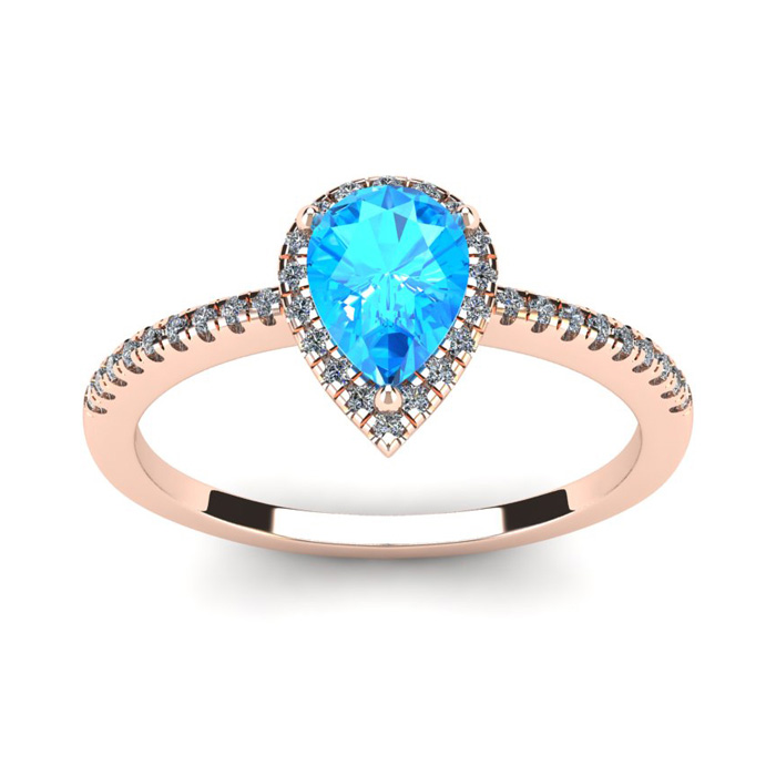 1 Carat Pear Shape Blue Topaz & Halo Diamond Ring in 14K Rose Gold (2.6 g),  by SuperJeweler