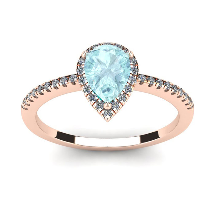 3/4 Carat Pear Shape Aquamarine & Halo Diamond Ring in 14K Rose Gold (2.6 g),  by SuperJeweler