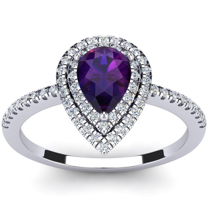 1 Carat Pear Shape Amethyst & Double Halo Diamond Ring in 14K White Gold (3.2 g),  by SuperJeweler
