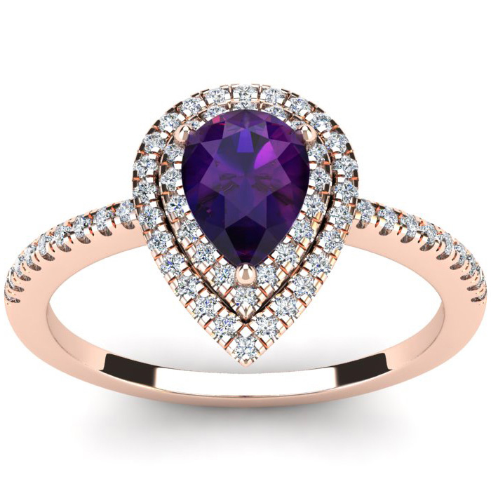 1 Carat Pear Shape Amethyst & Double Halo Diamond Ring in 14K Rose Gold (3.2 g),  by SuperJeweler