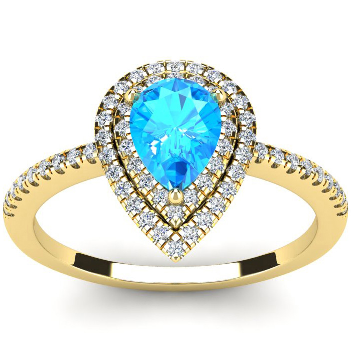 1 1/5 Carat Pear Shape Blue Topaz & Double Halo Diamond Ring in 14K Yellow Gold (3.2 g),  by SuperJeweler