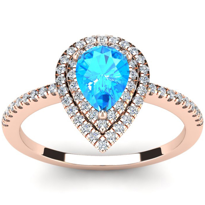 1 1/5 Carat Pear Shape Blue Topaz & Double Halo Diamond Ring in 14K Rose Gold (3.2 g),  by SuperJeweler