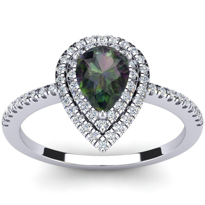 1 1/5 Carat Pear Shape Mystic Topaz & Double Halo Diamond Ring in 14K White Gold (3.2 g),  by SuperJeweler