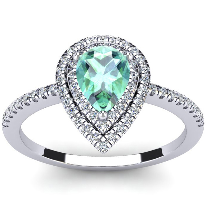 1 Carat Pear Shape Green Amethyst & Double Halo Diamond Ring in 14K White Gold (3.2 g),  by SuperJeweler