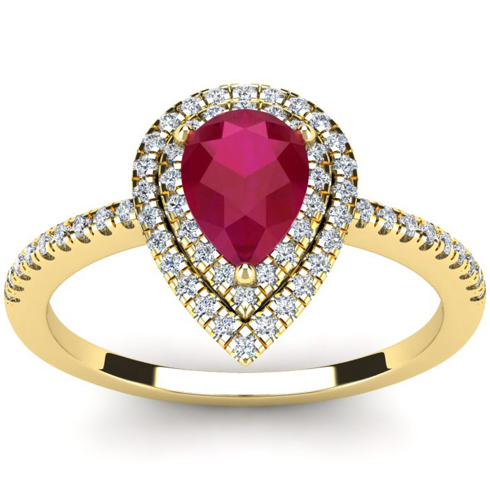 1 Carat Pear Shape Ruby & Double Halo Diamond Ring in 14K Yellow Gold (3.2 g),  by SuperJeweler