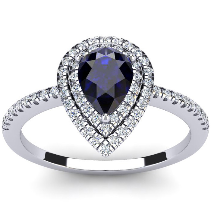 1 Carat Pear Shape Sapphire & Double Halo Diamond Ring in 14K White Gold (3.2 g),  by SuperJeweler