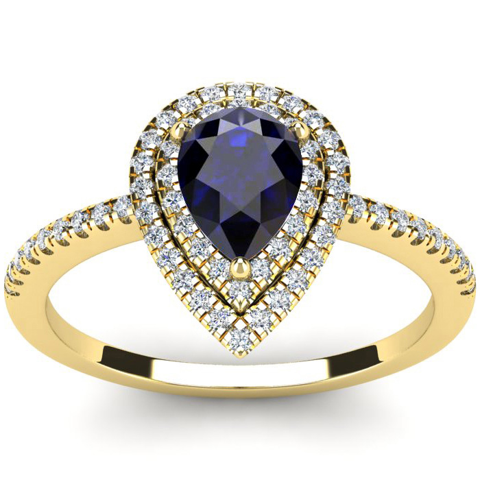 1 Carat Pear Shape Sapphire & Double Halo Diamond Ring in 14K Yellow Gold (3.2 g),  by SuperJeweler