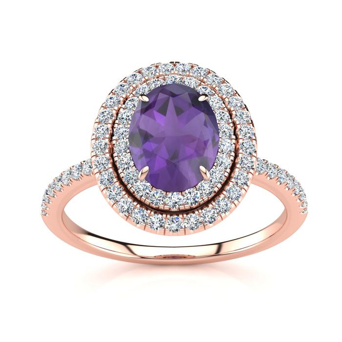 1.5 Carat Oval Shape Amethyst & Double Halo Diamond Ring in 14K Rose Gold (4.2 g),  by SuperJeweler