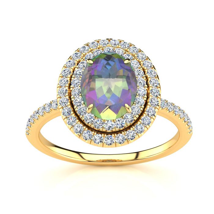 1 3/4 Carat Oval Shape Mystic Topaz & Double Halo Diamond Ring in 14K Yellow Gold (4.2 g),  by SuperJeweler