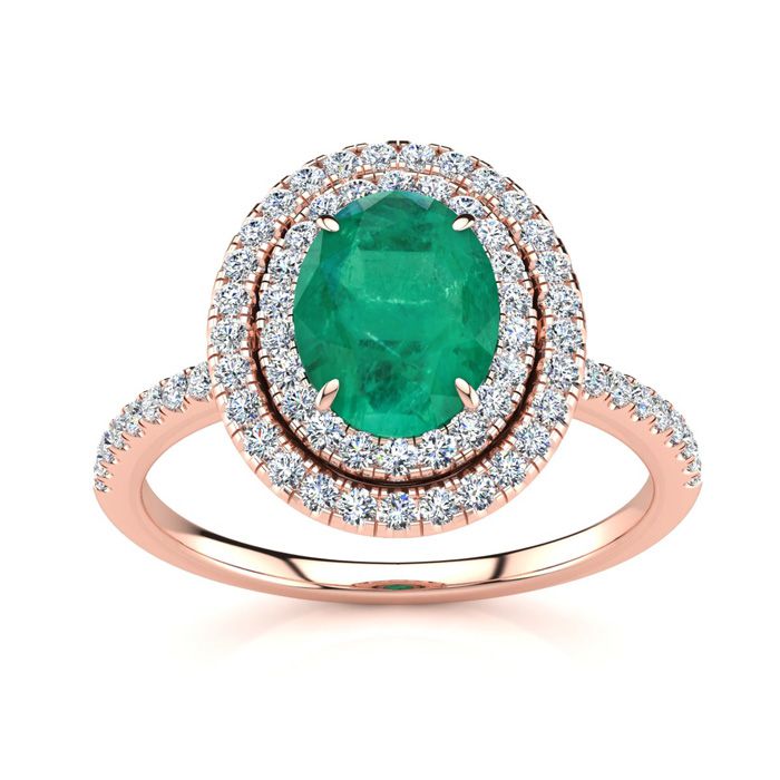 1.5 Carat Oval Shape Emerald Cut & Double Halo Diamond Ring in 14K Rose Gold (4.2 g),  by SuperJeweler