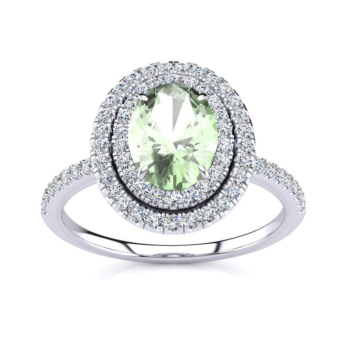 1.5 Carat Oval Shape Green Amethyst & Double Halo Diamond Ring in 14K White Gold (4.2 g),  by SuperJeweler