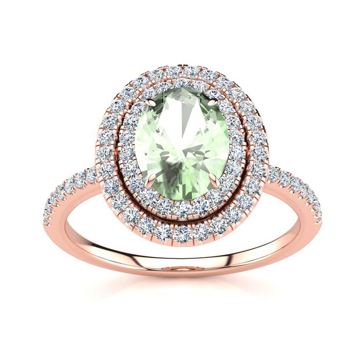 1.5 Carat Oval Shape Green Amethyst & Double Halo Diamond Ring in 14K Rose Gold (4.2 g),  by SuperJeweler