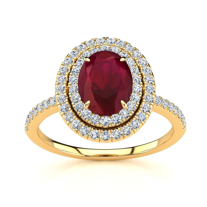 2 Carat Oval Shape Ruby & Double Halo Diamond Ring in 14K Yellow Gold (4.2 g),  by SuperJeweler