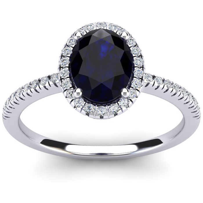1 3/4 Carat Oval Shape Sapphire & Halo Diamond Ring In 14K White Gold (2.9 G), I/J By SuperJeweler