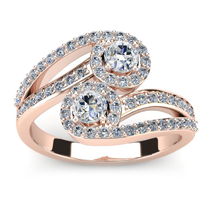 0.90 Carat Two Stone Diamond Swirl Halo Ring In 14K Rose Gold (4.1 G) (H-I, SI2-I1) By SuperJeweler