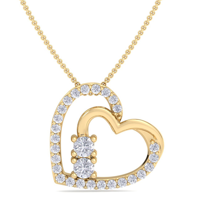 1/2 Carat Two Stone Two Diamond Heart Necklace in 14K Yellow Gold (2.4 g), , 18 Inch Chain by SuperJeweler