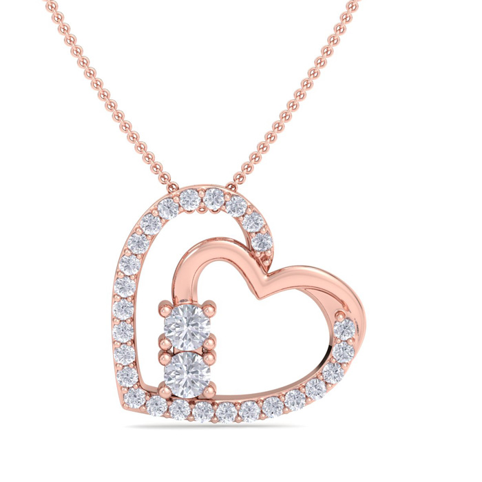 1/2 Carat Two Stone Two Diamond Heart Necklace in 14K Rose Gold (2.4 g), , 18 Inch Chain by SuperJeweler