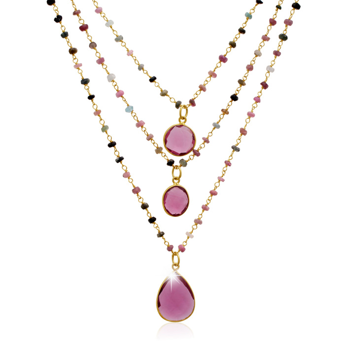 14k Gold Over Sterling Silver Pink Tourmaline Triple Strand Beaded Necklace 