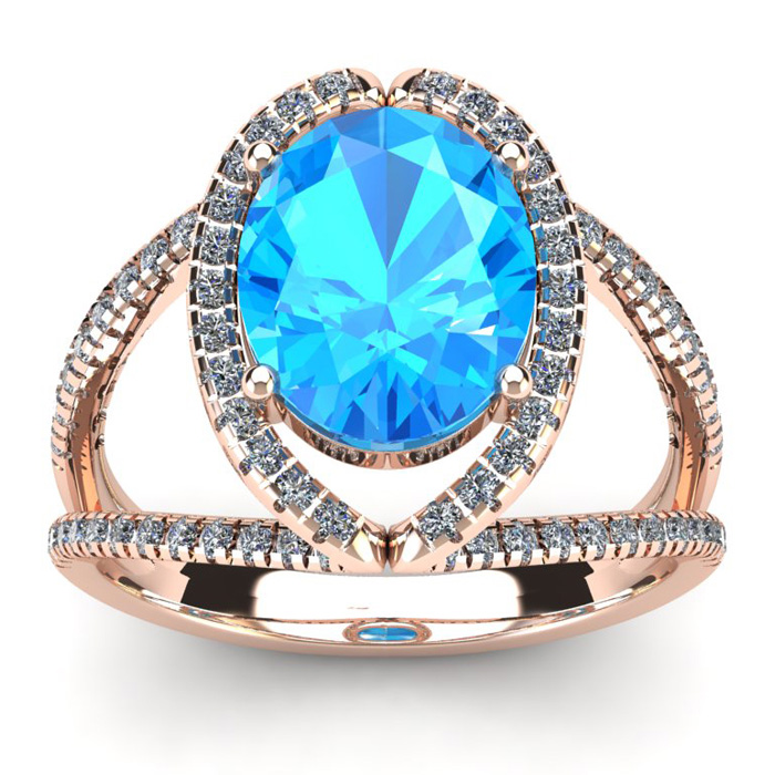 3 3/4 Carat Oval Shape Blue Topaz & Halo Diamond Ring in 14K Rose Gold (5.3 g),  by SuperJeweler