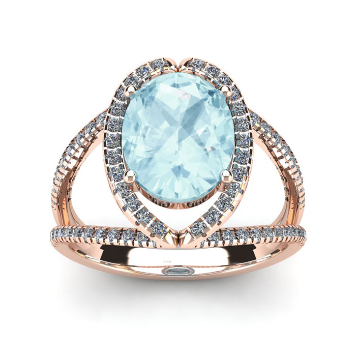 2 3/4 Carat Oval Shape Aquamarine & Halo Diamond Ring in 14K Rose Gold (5.3 g),  by SuperJeweler