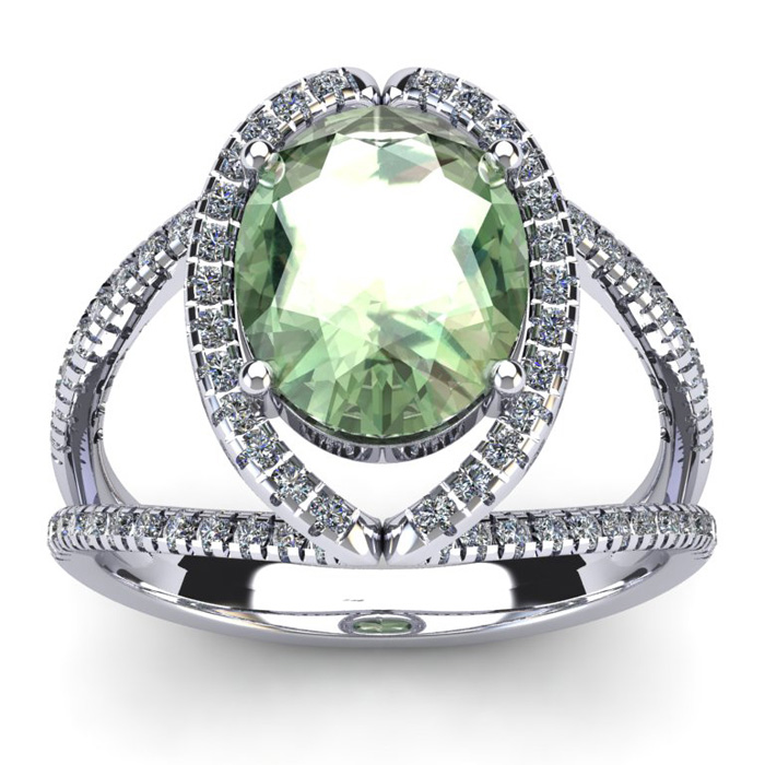 3 Carat Oval Shape Green Amethyst & Halo Diamond Ring in 14K White Gold (5.3 g),  by SuperJeweler