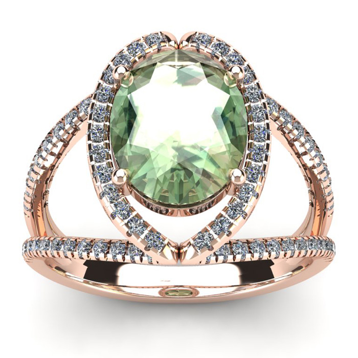 3 Carat Oval Shape Green Amethyst & Halo Diamond Ring in 14K Rose Gold (5.3 g),  by SuperJeweler