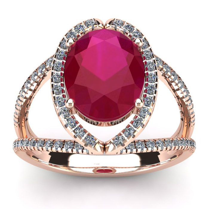 3 1/2 Carat Oval Shape Ruby & Halo Diamond Ring In 14K Rose Gold (5.3 G), I/J By SuperJeweler