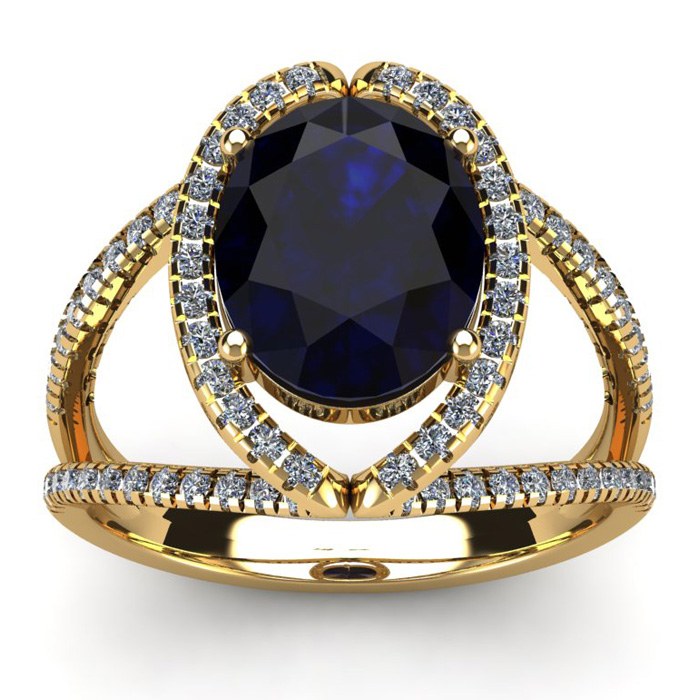 3 1/2 Carat Oval Shape Sapphire & Halo Diamond Ring in 14K Yellow Gold (5.3 g),  by SuperJeweler