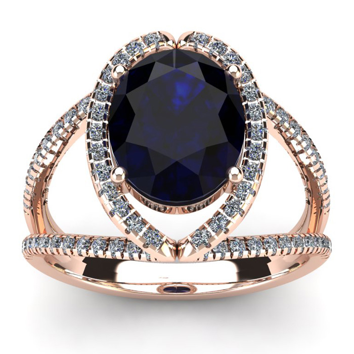 3 1/2 Carat Oval Shape Sapphire & Halo Diamond Ring In 14K Rose Gold (5.3 G), I/J By SuperJeweler