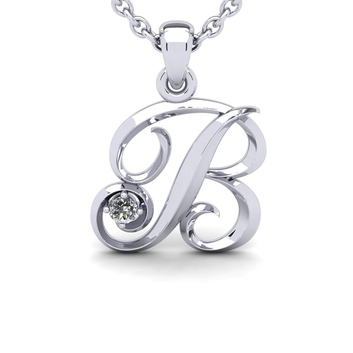 Letter B Diamond Initial Necklace In White Gold (1.8 G) W/ Free Chain, I/J, 18 Inch Chain By SuperJeweler